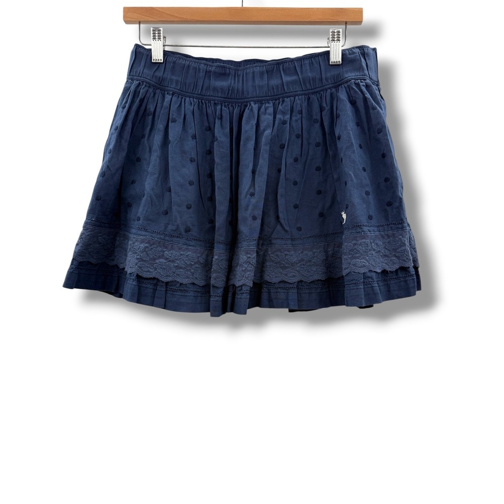 Y2K Abercrombie Mini Skirt Navy Lace Trim Swiss Dot‎ Coquette Elastic Waist Sz L